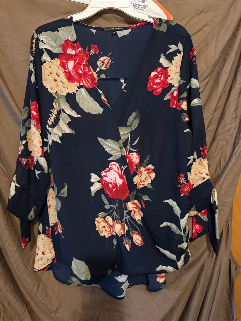 Floral V-Neck Blouse in Navy with Red & Cream Blooms